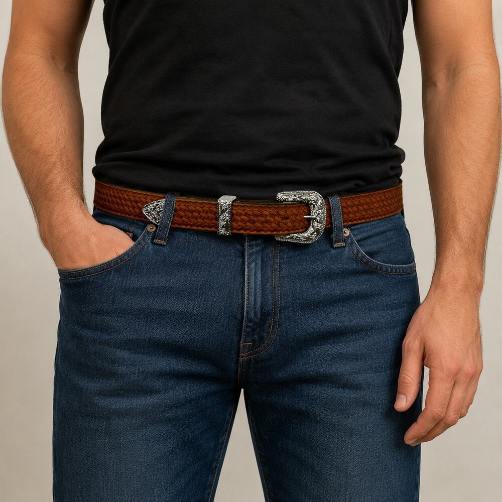 Nocona Men's Western Statement Leather Belt, Tooled Basketweave Brown, Size 30